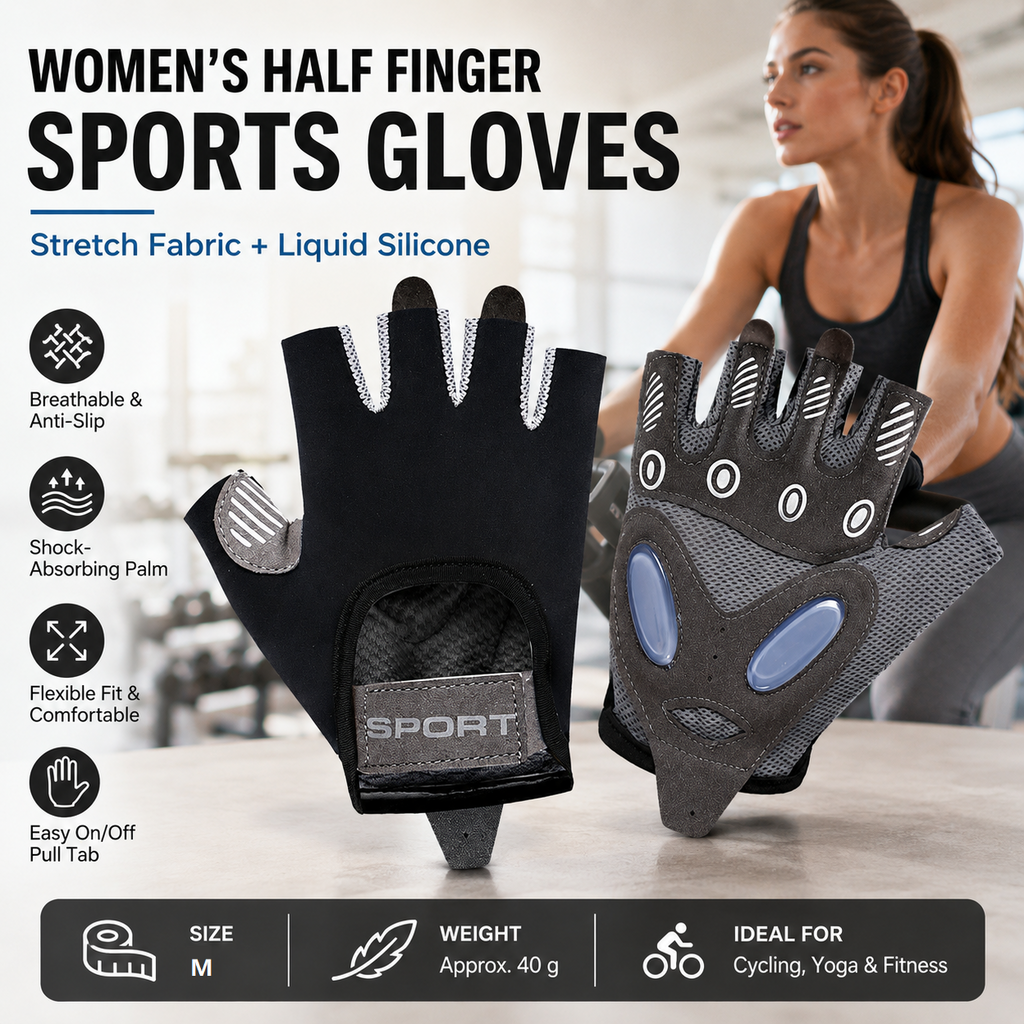 Black M size Women's Half-Finger Fitness Gloves - Liquid Silicone Shock Absorption, Ice Silk Breathable Fabric, Non-Slip Grip for Gym Yoga Cycling Weight Training