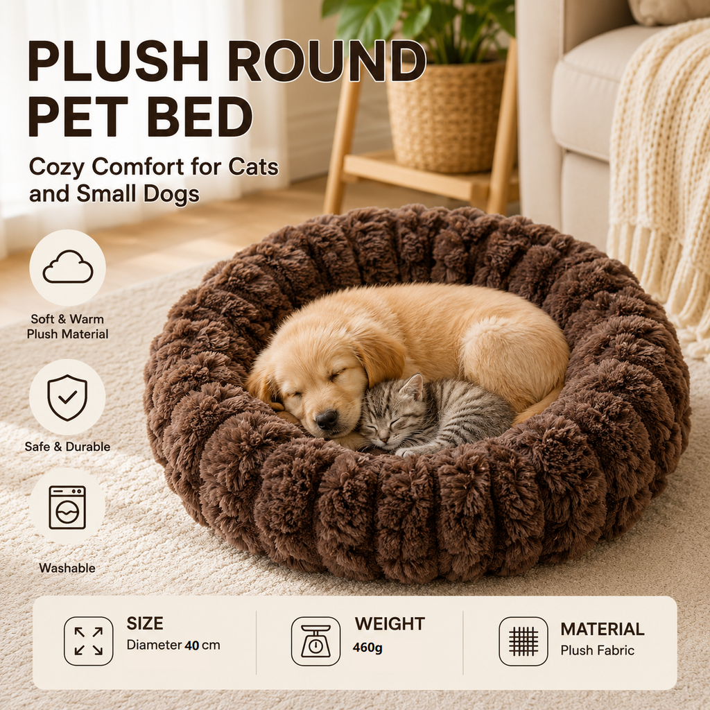 Coffee color 40cm with Heart-patterned jacquard Plush Round Pet Bed - Soft Donut Cat Bed, Warm Winter Dog Cushion for Anxiety Relief and Cozy Sleep, Durable Non-Slip Nest for Small to Medium Pets