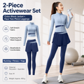 M size Women's 2-Piece Running Yoga Set - Blue Colorblock Zip Jacket and Blue Faux Two-Layer Leggings, Slim Fit High Stretch Gym Activewear for Fitness and Training