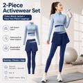 L size Women's 2-Piece Running Yoga Set - Blue Colorblock Zip Jacket and Blue Faux Two-Layer Leggings, Slim Fit High Stretch Gym Activewear for Fitness and Training