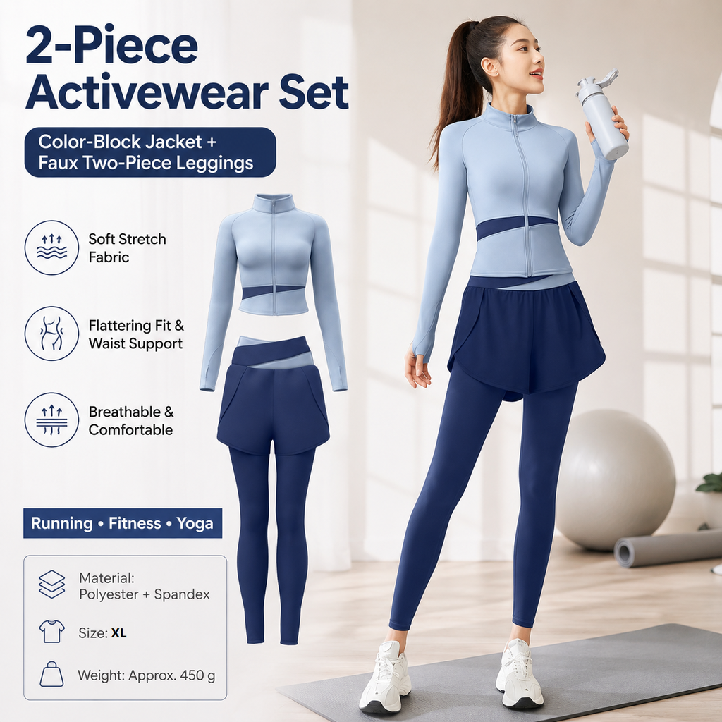 XL size Women's 2-Piece Running Yoga Set - Blue Colorblock Zip Jacket and Blue Faux Two-Layer Leggings, Slim Fit High Stretch Gym Activewear for Fitness and Training