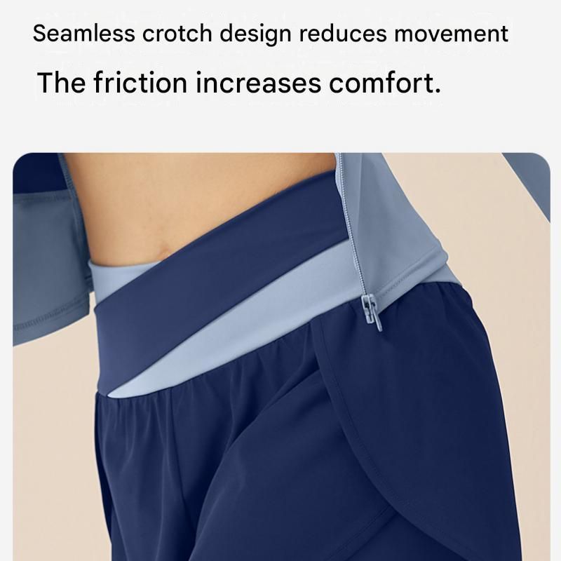 XL size Women's 2-Piece Running Yoga Set - Blue Colorblock Zip Jacket and Blue Faux Two-Layer Leggings, Slim Fit High Stretch Gym Activewear for Fitness and Training