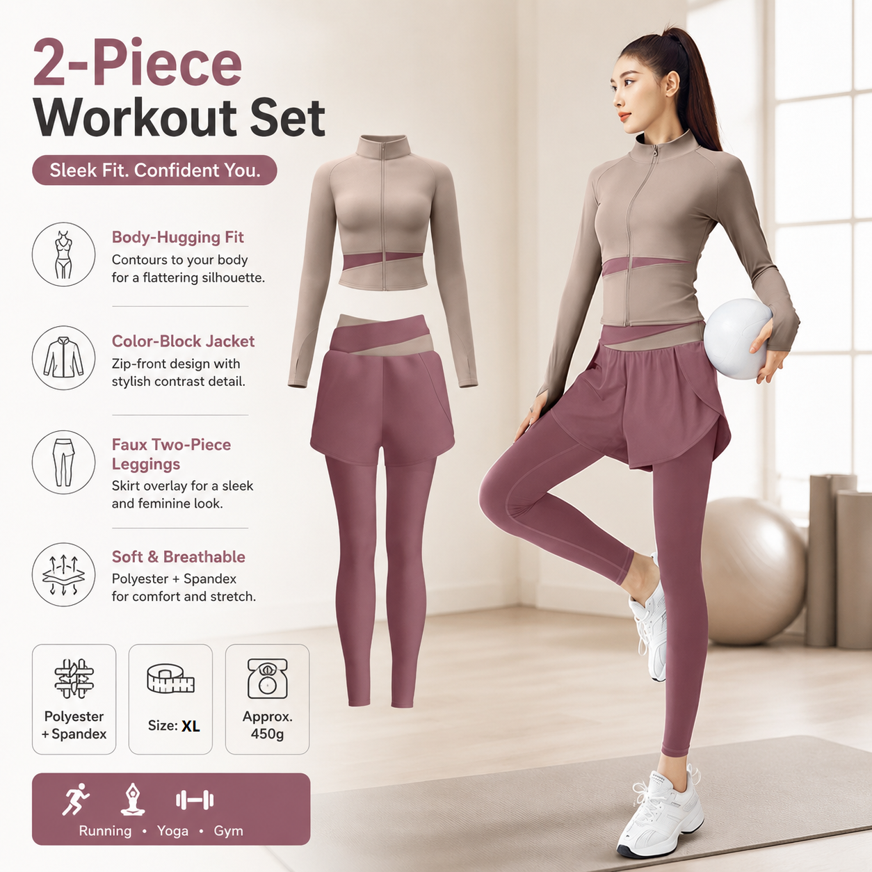 XL size Women's 2-Piece Running Yoga Set - Purple Colorblock Zip Jacket and Purple Faux Two-Layer Leggings, Slim Fit High Stretch Gym Activewear for Fitness and Training