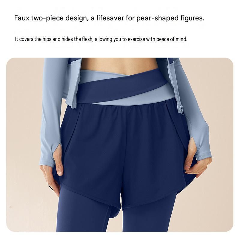 XL size Women's 2-Piece Running Yoga Set - Purple Colorblock Zip Jacket and Purple Faux Two-Layer Leggings, Slim Fit High Stretch Gym Activewear for Fitness and Training