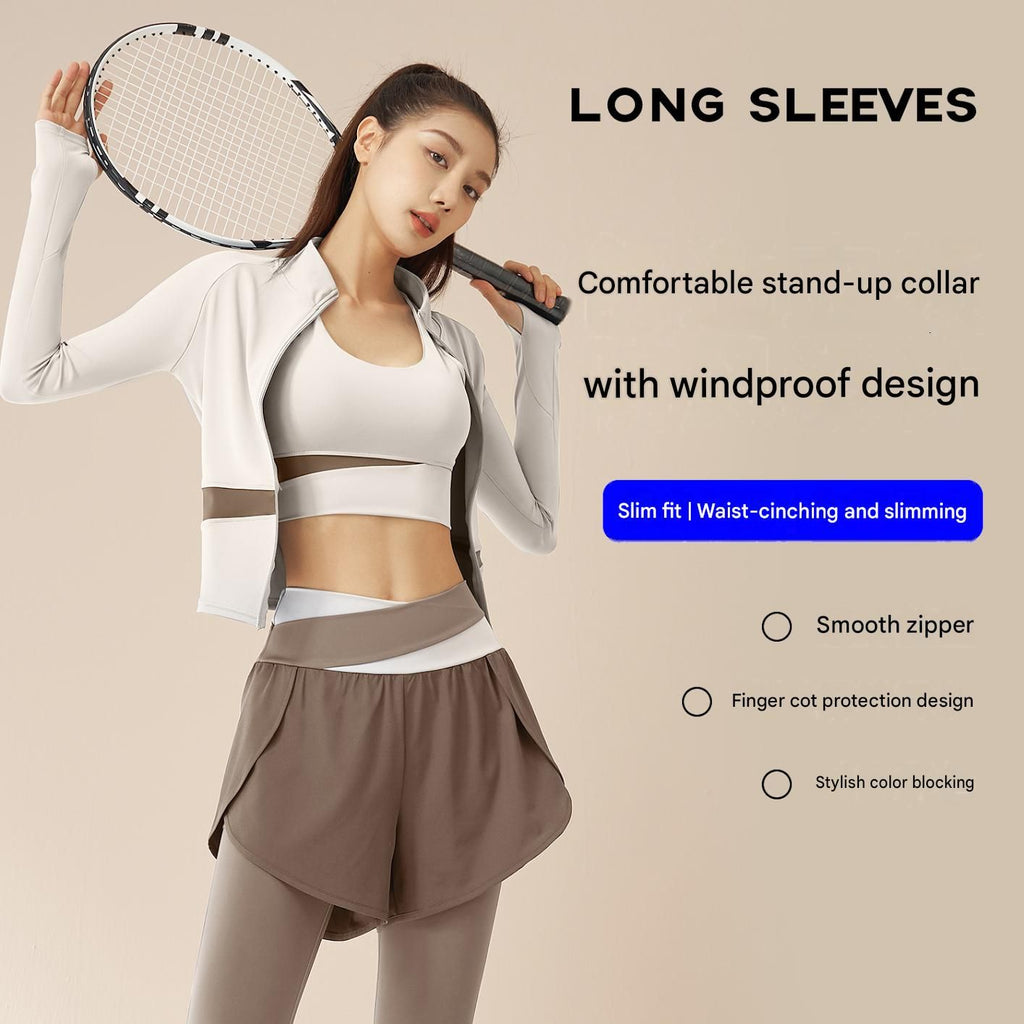 M size Women's 2-Piece Running Yoga Set - White Colorblock Zip Jacket and coffee Faux Two-Layer Leggings, Slim Fit High Stretch Gym Activewear for Fitness and Training