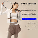 M size Women's 2-Piece Running Yoga Set - White Colorblock Zip Jacket and coffee Faux Two-Layer Leggings, Slim Fit High Stretch Gym Activewear for Fitness and Training