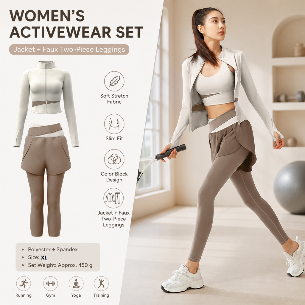XL size Women's 2-Piece Running Yoga Set - White Colorblock Zip Jacket and coffee Faux Two-Layer Leggings, Slim Fit High Stretch Gym Activewear for Fitness and Training