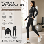 M size Women's 2-Piece Running Yoga Set - Black Colorblock Zip Jacket and Black Faux Two-Layer Leggings, Slim Fit High Stretch Gym Activewear for Fitness and Training