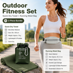 Outdoor Sports Combo Set - Green Microfiber Quick Dry Cooling Towel and Grey Lightweight Running Waist Belt with Reflective Strips, Portable Gym Accessories for Fitness and Travel Suitable for sports; keeps hands free and makes wiping away sweat convenien