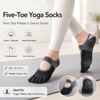Black Non-Slip Five Toe Yoga Socks - Cotton Blend with PVC Grip Dots, Breathable & Secure Fit for Pilates, Dance, and Indoor Fitness Training