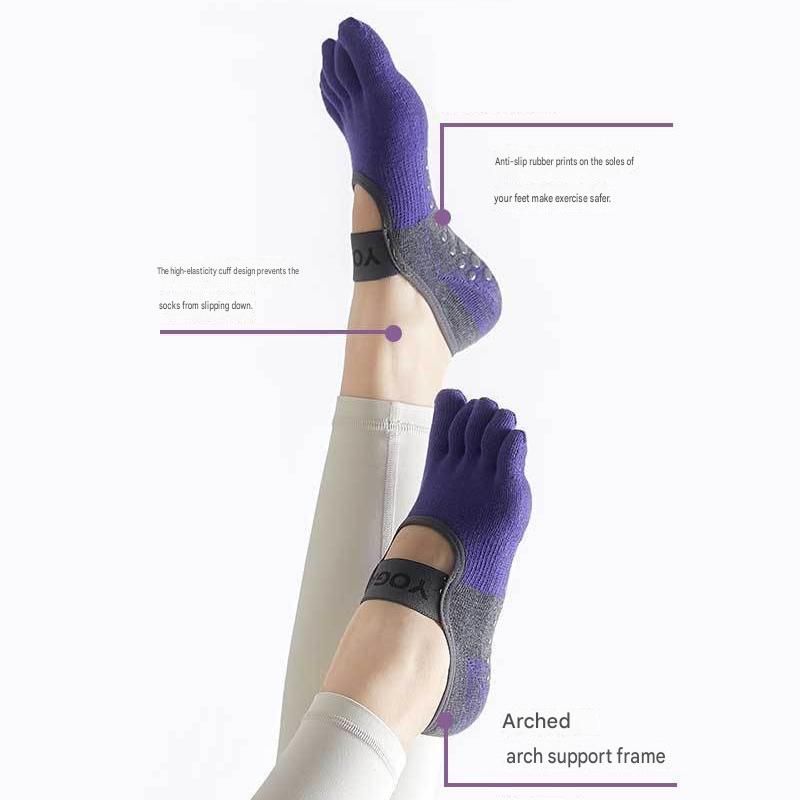 Black Non-Slip Five Toe Yoga Socks - Cotton Blend with PVC Grip Dots, Breathable & Secure Fit for Pilates, Dance, and Indoor Fitness Training