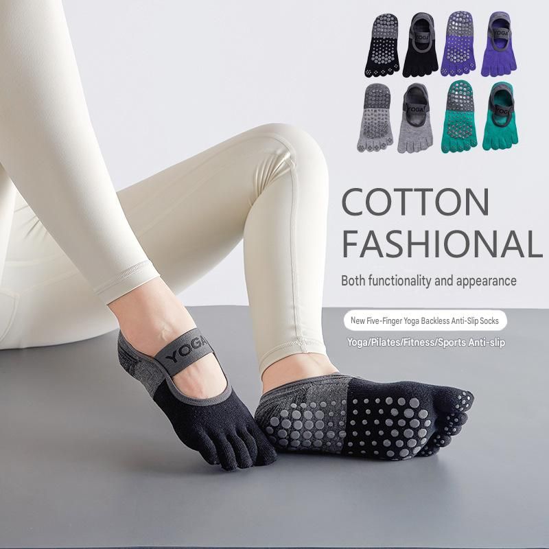 Grey Non-Slip Five Toe Yoga Socks - Cotton Blend with PVC Grip Dots, Breathable & Secure Fit for Pilates, Dance, and Indoor Fitness Training