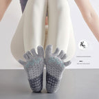 Grey Non-Slip Five Toe Yoga Socks - Cotton Blend with PVC Grip Dots, Breathable & Secure Fit for Pilates, Dance, and Indoor Fitness Training
