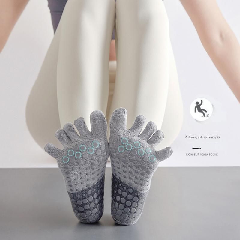 Purple Non-Slip Five Toe Yoga Socks - Cotton Blend with PVC Grip Dots, Breathable & Secure Fit for Pilates, Dance, and Indoor Fitness Training