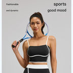 White S Size Women's Linear Sports Set - Polyester Spandex Blend with Adjustable Straps, Removable Pads and Anti-Exposure Skirt for Yoga, Running and Gym