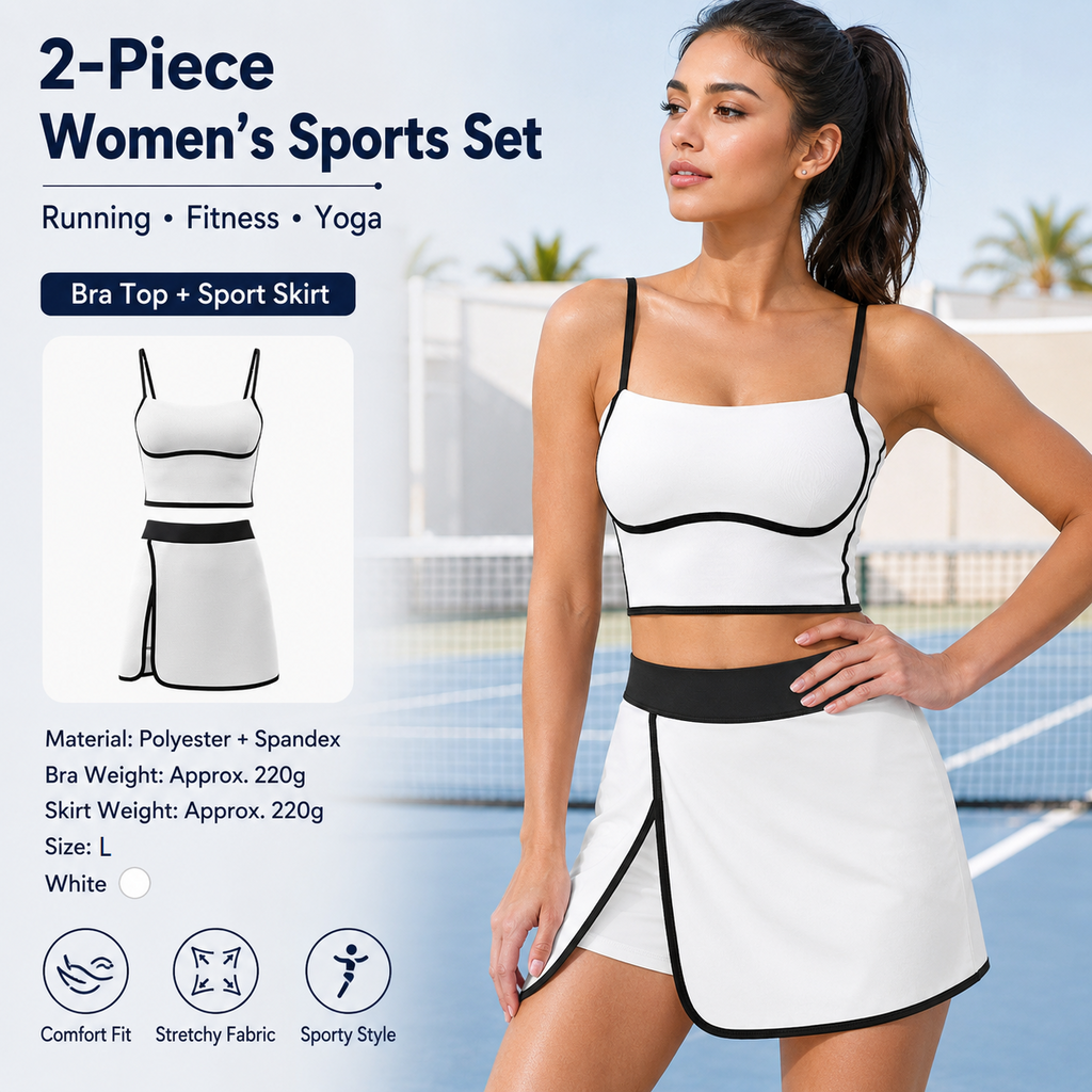 White L Size Women's Linear Sports Set - Polyester Spandex Blend with Adjustable Straps, Removable Pads and Anti-Exposure Skirt for Yoga, Running and Gym