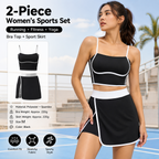 Black M Size Women's Linear Sports Set - Polyester Spandex Blend with Adjustable Straps, Removable Pads and Anti-Exposure Skirt for Yoga, Running and Gym