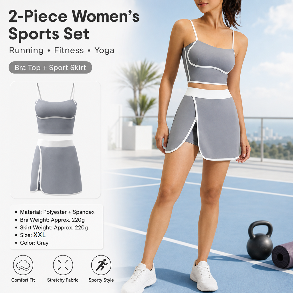 Grey XXL Size Women's Linear Sports Set - Polyester Spandex Blend with Adjustable Straps, Removable Pads and Anti-Exposure Skirt for Yoga, Running and Gym