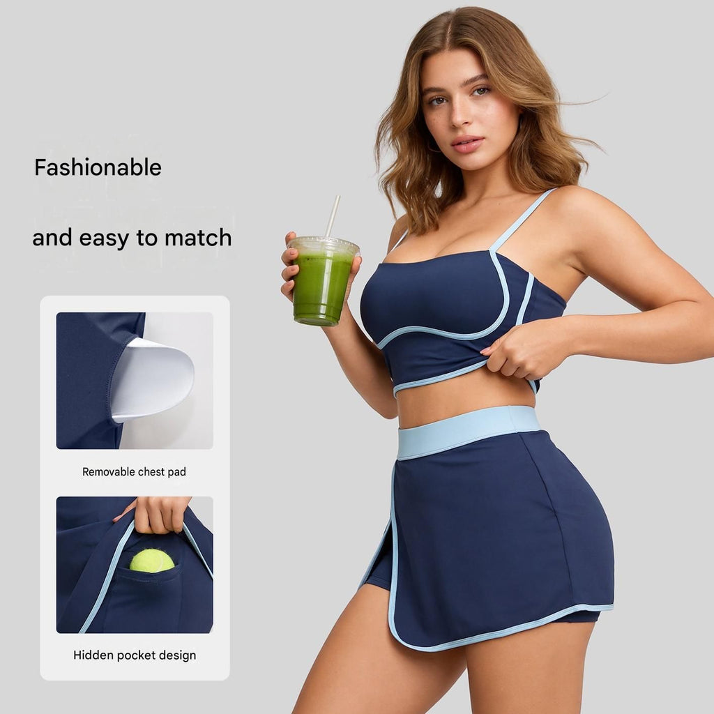 Grey XXL Size Women's Linear Sports Set - Polyester Spandex Blend with Adjustable Straps, Removable Pads and Anti-Exposure Skirt for Yoga, Running and Gym