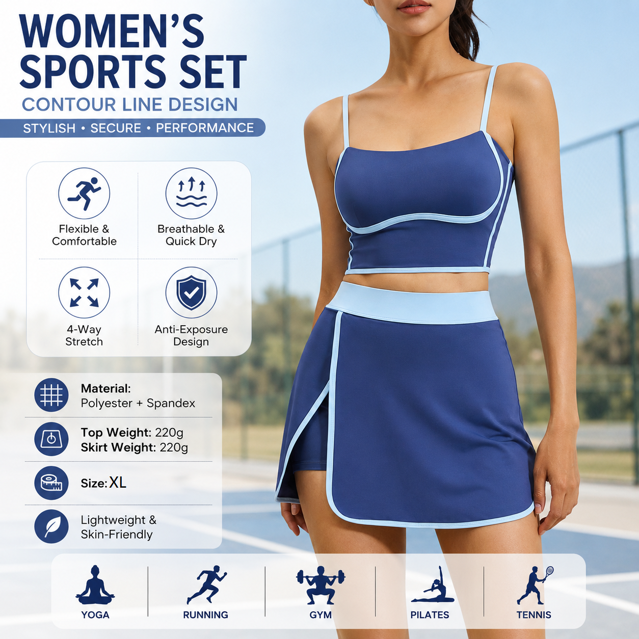 Blue XL Size Women's Linear Sports Set - Polyester Spandex Blend with Adjustable Straps, Removable Pads and Anti-Exposure Skirt for Yoga, Running and Gym