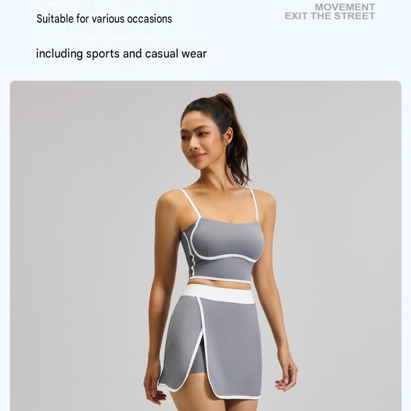 Blue XL Size Women's Linear Sports Set - Polyester Spandex Blend with Adjustable Straps, Removable Pads and Anti-Exposure Skirt for Yoga, Running and Gym