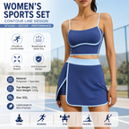 Blue XXL Size Women's Linear Sports Set - Polyester Spandex Blend with Adjustable Straps, Removable Pads and Anti-Exposure Skirt for Yoga, Running and Gym