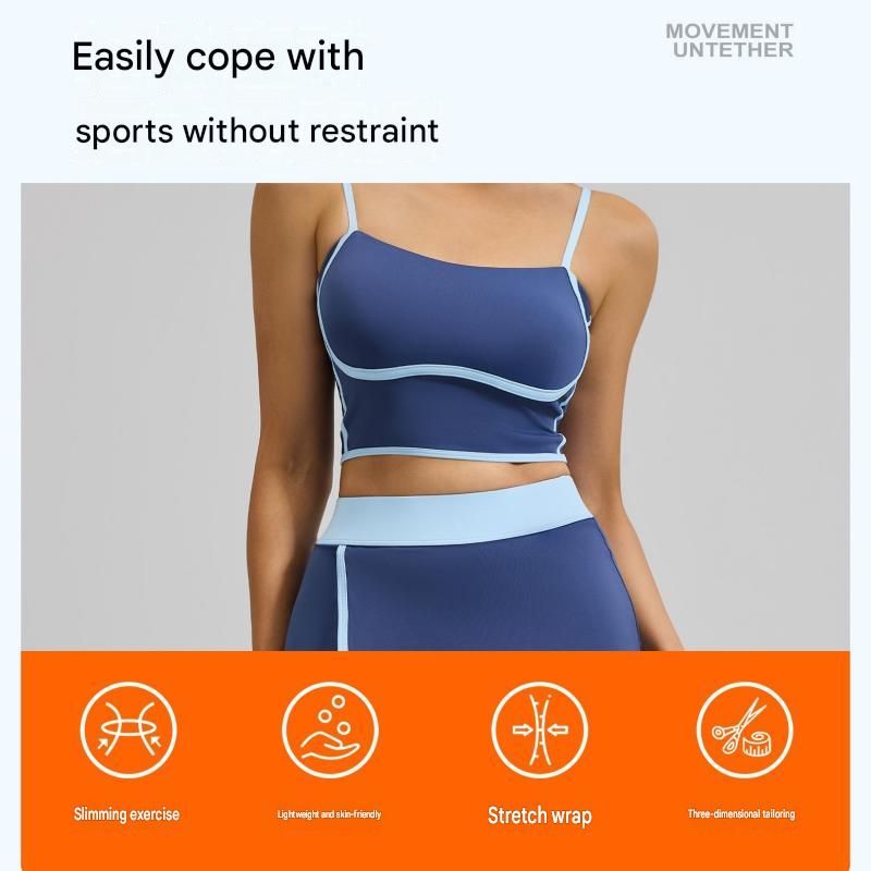 Blue XXL Size Women's Linear Sports Set - Polyester Spandex Blend with Adjustable Straps, Removable Pads and Anti-Exposure Skirt for Yoga, Running and Gym