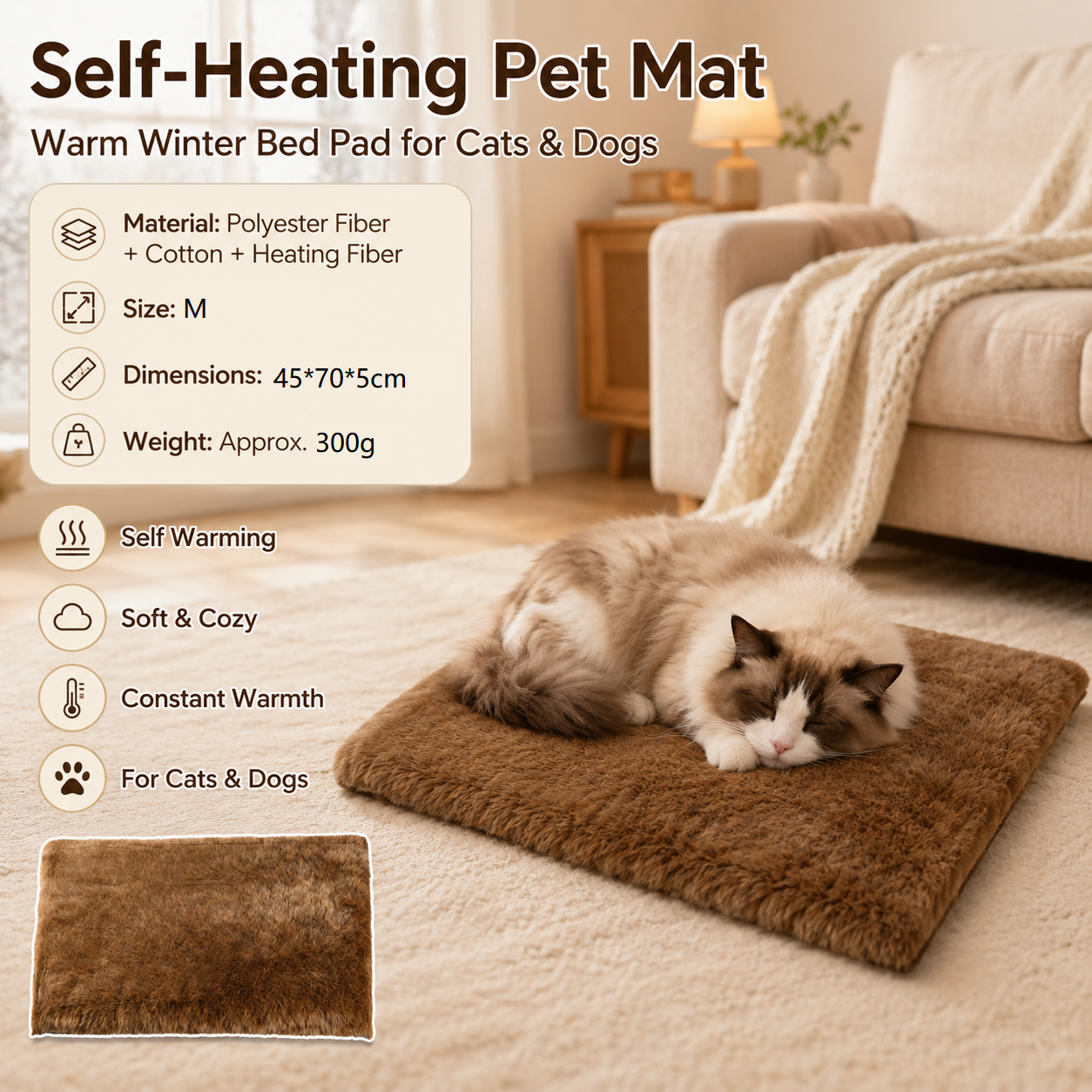 Brown  M Size 45x70cm Self Heating Pet Mat - Soft Plush Non-Slip Thermal Bed for Cats and Small Dogs Indoor Crate Car Travel Use