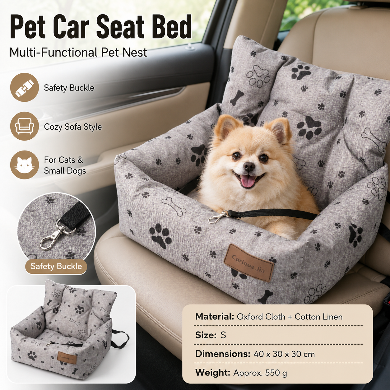 Grey Paw print pattern S Size 40x30cm Car pet bed -Oxford Linen Removable Washable Non-Slip Sofa Bed for Small Dogs Cats Indoor Travel Use