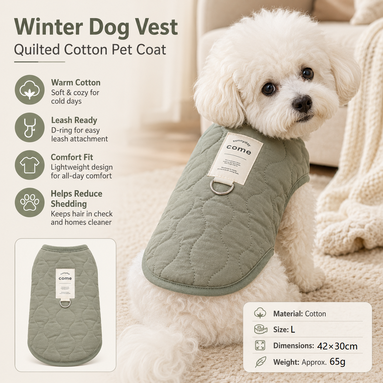 Green L Size 42x30cm Fleece-lined thickened dog vest - Cotton Fleece Lined Harness Compatible Winter Coat for  Dogs Shed Control Outdoor Walks，Winter Pet Essentials