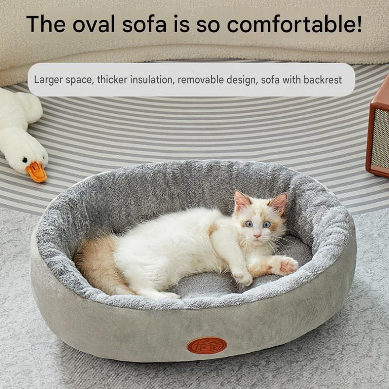 L Size 60x75cm Grey Oval Pet Bed - Arctic Fleece and PP Cotton - Thickened Warmth, Non-Slip Base, Removable Cover, Compact for Cats and Small Dogs