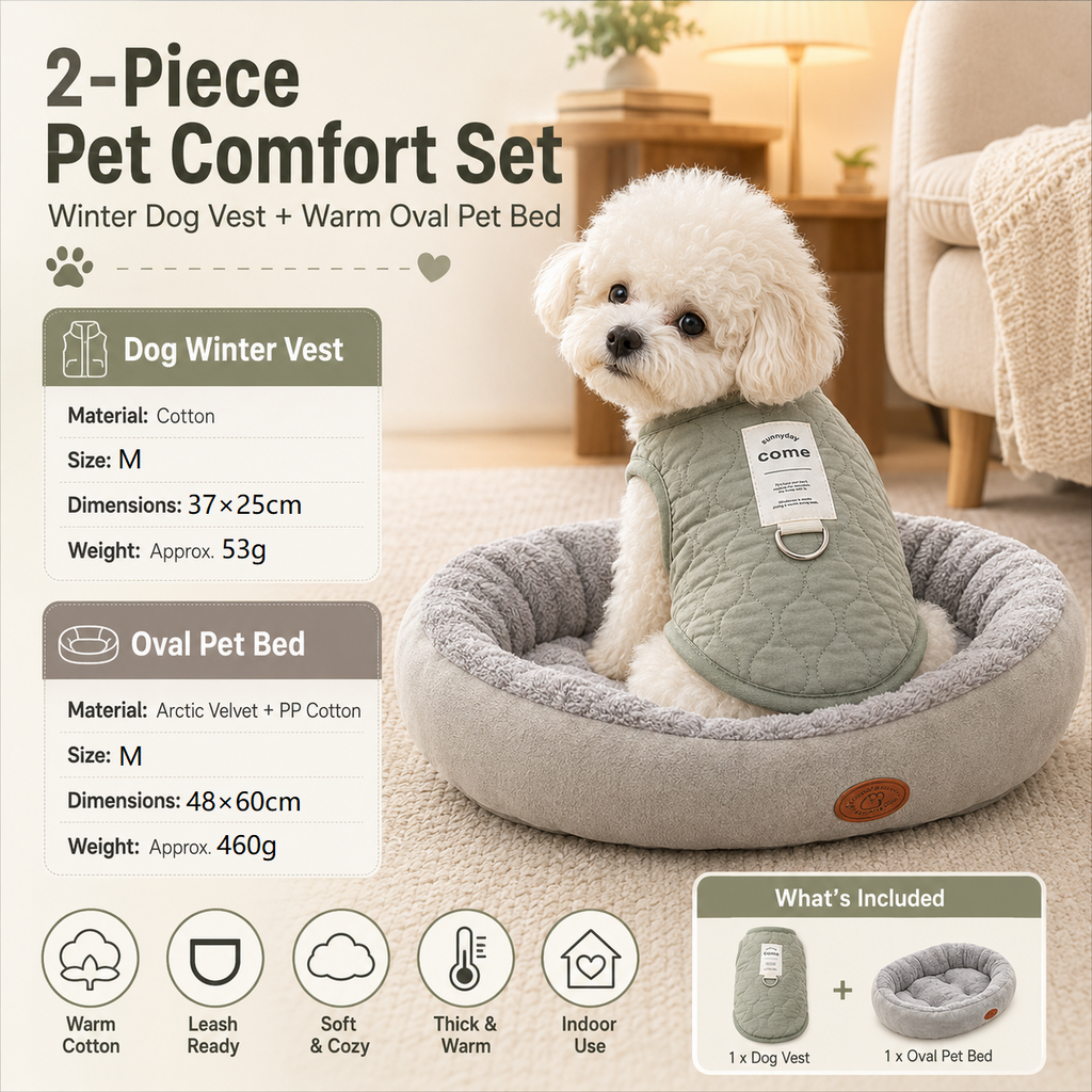 Winter Pet Care Bundle -  M Size 37*25cm Green Quilted Dog Vest with Leash Ring and  M Size 48*60cm Grey Oval Arctic Fleece Bed - Warm Cotton Outerwear, Plush Sleep Nest for Small Dogs and Cats