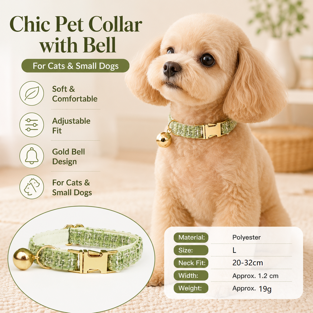 L Size Green Chic Tweed Pet Collar - Polyester with Gold Bell and Adjustable Buckle - Soft Lightweight Neckwear for Cats and Small Dogs, 20-32cm Fit