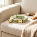 L Size Green Chic Tweed Pet Collar - Polyester with Gold Bell and Adjustable Buckle - Soft Lightweight Neckwear for Cats and Small Dogs, 20-32cm Fit