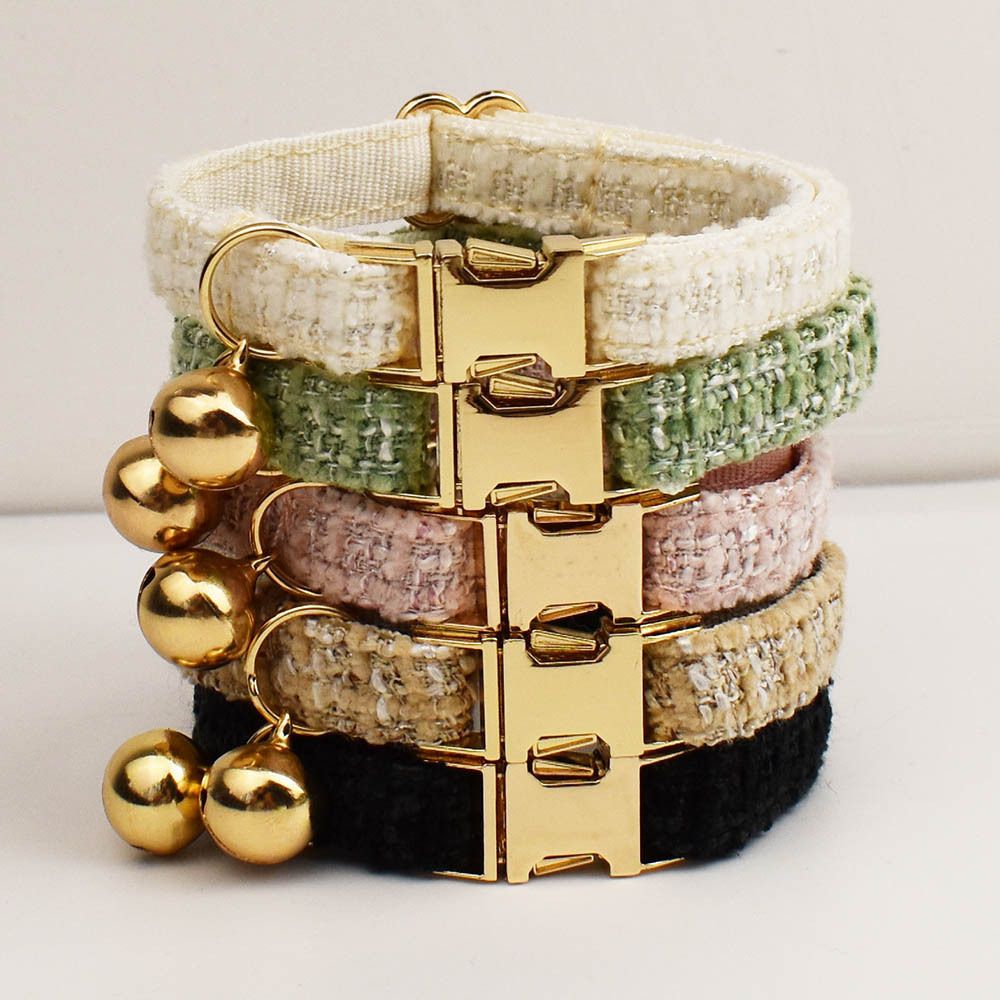 S Size Black Chic Tweed Pet Collar - Polyester with Gold Bell and Adjustable Buckle - Soft Lightweight Neckwear for Cats and Small Dogs, 16-26cm Fit