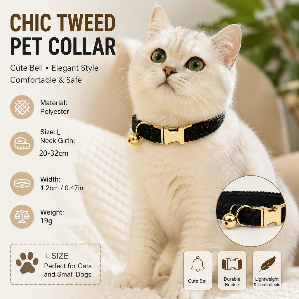 L Size Black Chic Tweed Pet Collar - Polyester with Gold Bell and Adjustable Buckle - Soft Lightweight Neckwear for Cats and Small Dogs, 20-32cm Fit