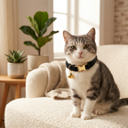 L Size Black Chic Tweed Pet Collar - Polyester with Gold Bell and Adjustable Buckle - Soft Lightweight Neckwear for Cats and Small Dogs, 20-32cm Fit
