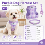 XXS Size Purple Classic Plaid Dog Harness Set- Breathable Mesh Vest and Adjustable Collar,WIith 1.5m Lead for pet, Anti-Pull Design