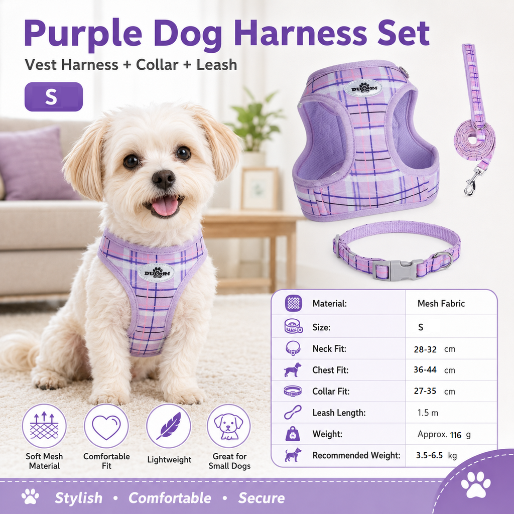 S Size Purple Classic Plaid Dog Harness Set- Breathable Mesh Vest and Adjustable Collar,WIith 1.5m Lead for pet, Anti-Pull Design