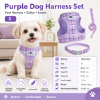 S Size Purple Classic Plaid Dog Harness Set- Breathable Mesh Vest and Adjustable Collar,WIith 1.5m Lead for pet, Anti-Pull Design