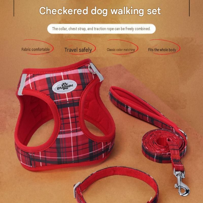 L Size Purple Classic Plaid Dog Harness Set- Breathable Mesh Vest and Adjustable Collar,WIith 1.5m Lead for pet, Anti-Pull Design