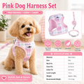 XXS Size Pink Classic Plaid Dog Harness Set- Breathable Mesh Vest and Adjustable Collar,WIith 1.5m Lead for pet, Anti-Pull Design