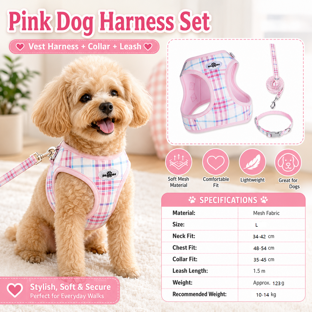 L Size Pink Classic Plaid Dog Harness Set- Breathable Mesh Vest and Adjustable Collar,WIith 1.5m Lead for pet, Anti-Pull Design