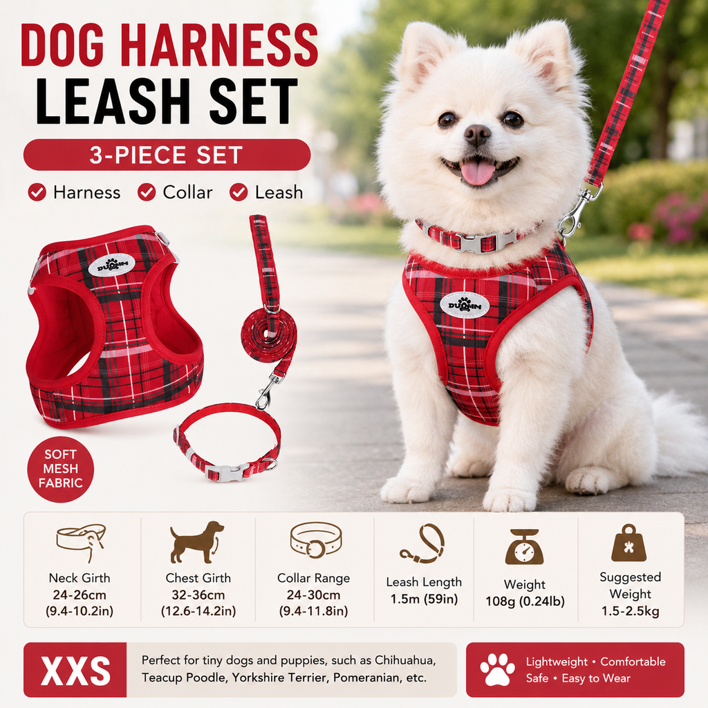 XXS Size Red Classic Plaid Dog Harness Set- Breathable Mesh Vest and Adjustable Collar,WIith 1.5m Lead for pet, Anti-Pull Design