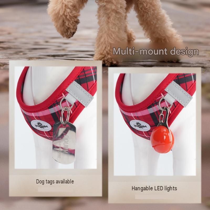 XS Size Red Classic Plaid Dog Harness Set- Breathable Mesh Vest and Adjustable Collar,WIith 1.5m Lead for pet, Anti-Pull Design