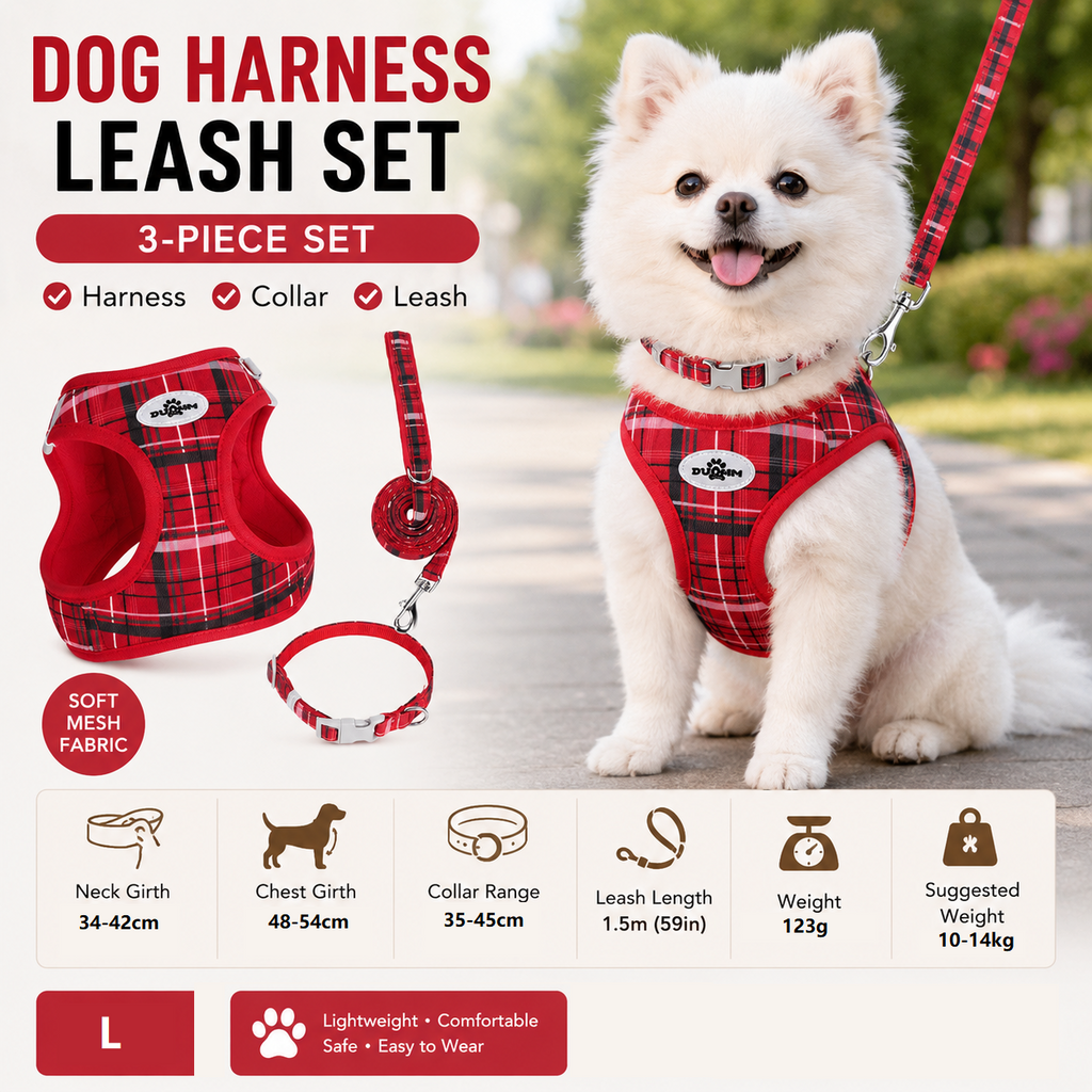 L Size Red Classic Plaid Dog Harness Set- Breathable Mesh Vest and Adjustable Collar,WIith 1.5m Lead for pet, Anti-Pull Design