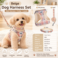 XXS Size Beige Classic Plaid Dog Harness Set- Breathable Mesh Vest and Adjustable Collar,WIith 1.5m Lead for pet, Anti-Pull Design