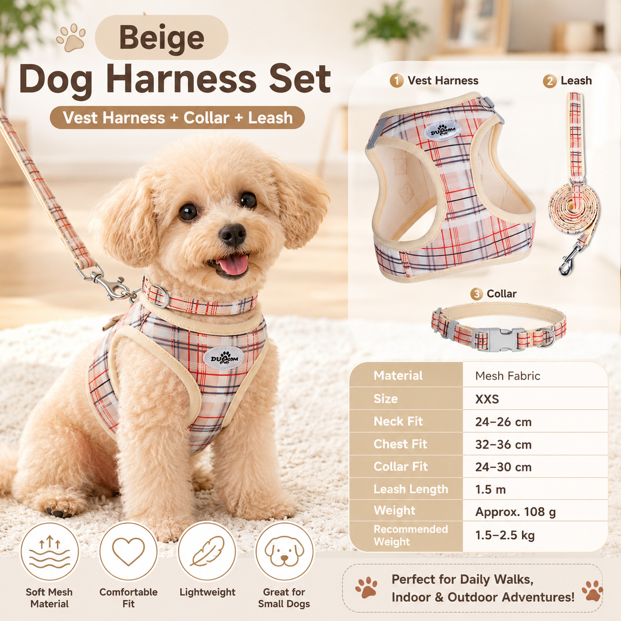 XXS Size Beige Classic Plaid Dog Harness Set- Breathable Mesh Vest and Adjustable Collar,WIith 1.5m Lead for pet, Anti-Pull Design