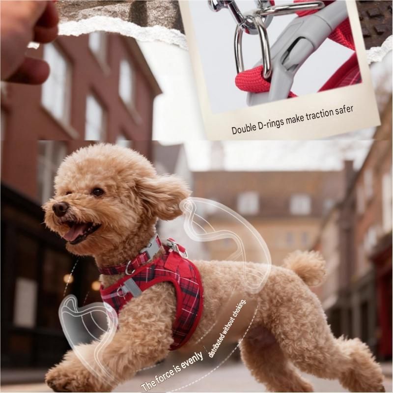 XS Size Beige Classic Plaid Dog Harness Set- Breathable Mesh Vest and Adjustable Collar,WIith 1.5m Lead for pet, Anti-Pull Design