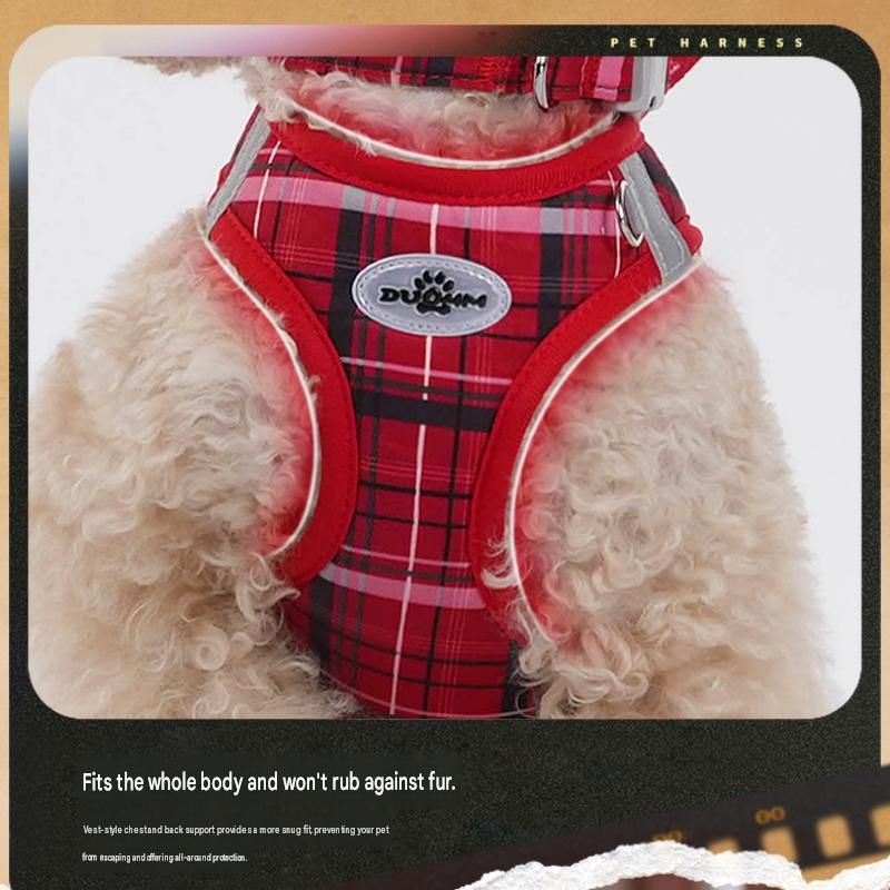 XS Size Blue Classic Plaid Dog Harness Set- Breathable Mesh Vest and Adjustable Collar,WIith 1.5m Lead for pet, Anti-Pull Design